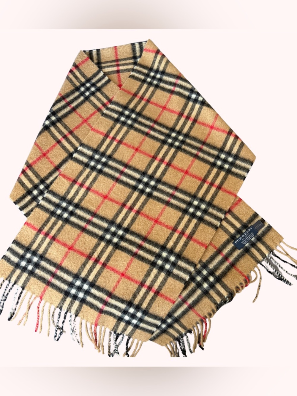 Vintage Burberry Cashmere Nova Check 100% Scarf Made in England Camel - Picture 7 of 8